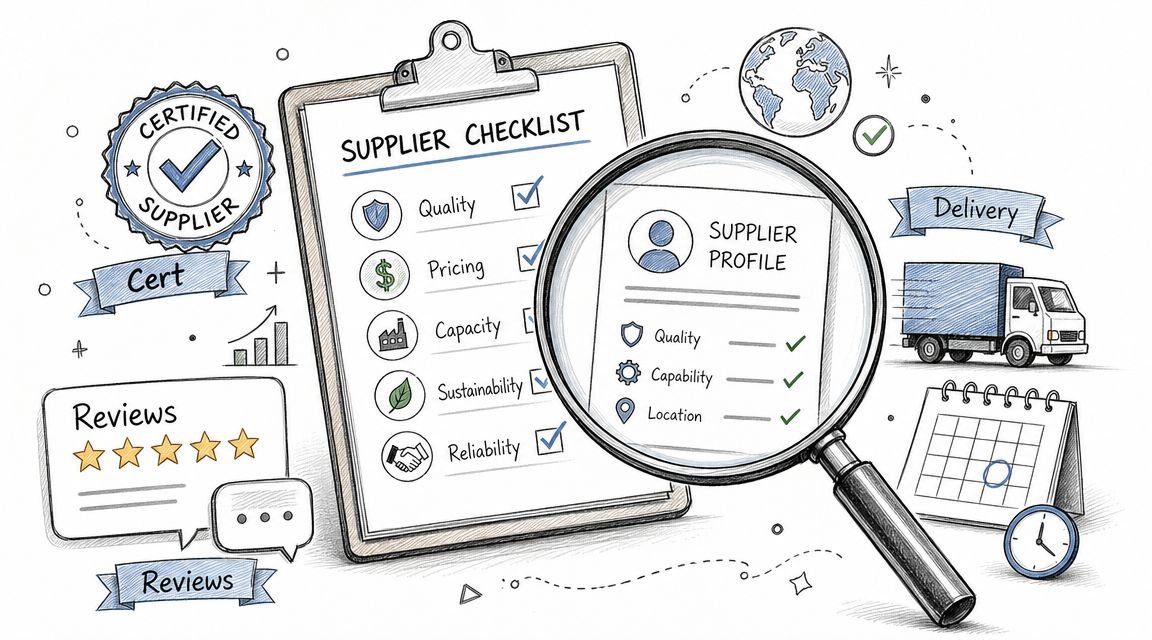 A conceptual illustration of a supplier checklist featuring a clipboard, magnifying glass, and business procurement icons.