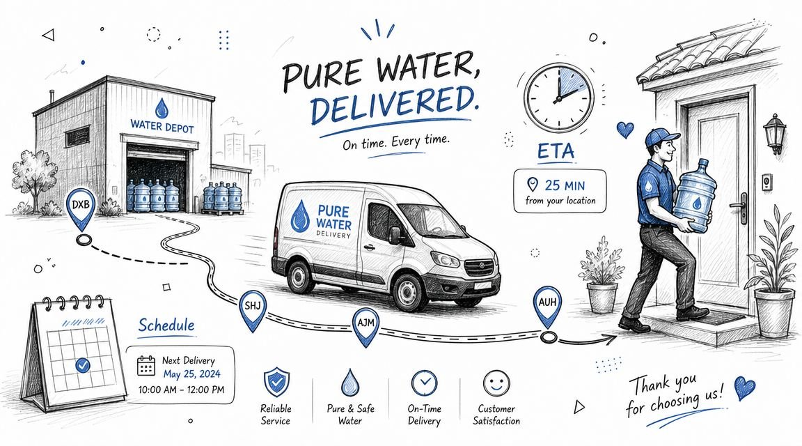 A hand-drawn illustration showing a water delivery service from a warehouse to a customer home in Abu Dhabi.