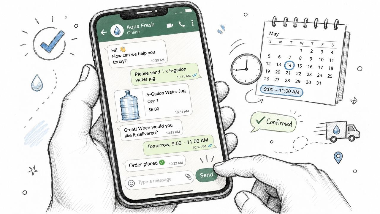 A hand holding a smartphone showing a water delivery order confirmation via a messaging app interface.
