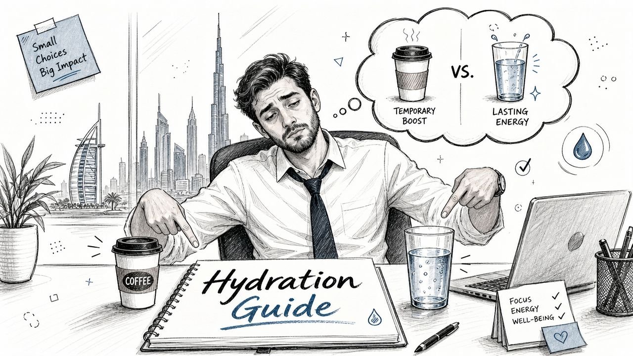 A man in a shirt and tie choosing between coffee and water while working at his desk.