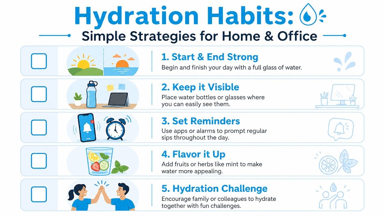 An infographic titled Hydration Habits listing five simple strategies to increase daily water intake at home and work.