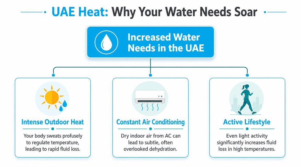 An infographic titled UAE Heat illustrating three reasons why increased water intake is necessary in the UAE.
