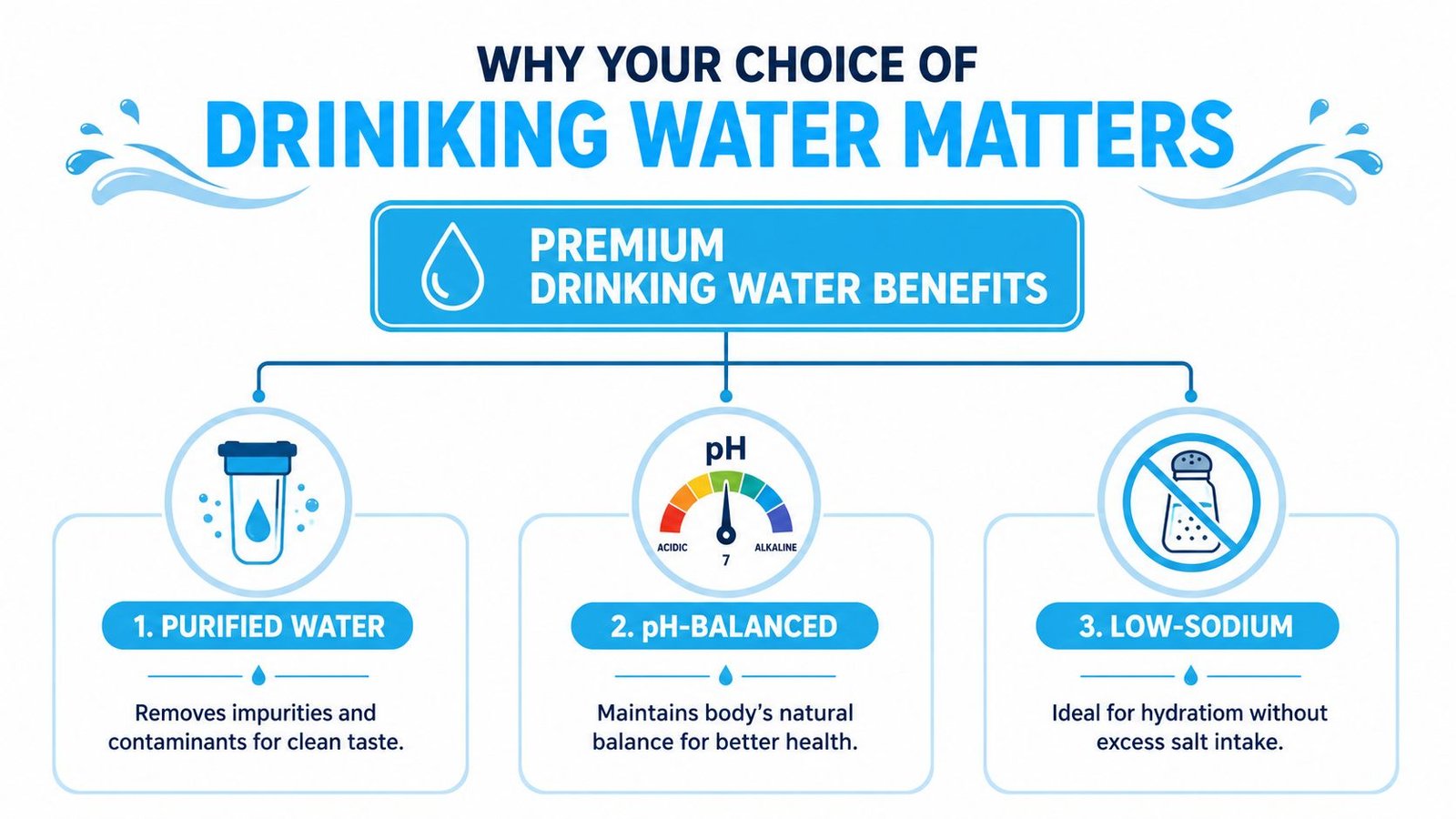 An infographic showing the health benefits of premium drinking water including purification, pH balance, and low-sodium content.