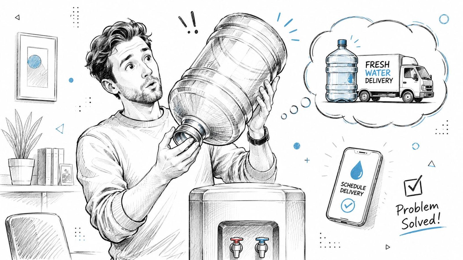 A man looking surprised at an empty water cooler jug while thinking about ordering a delivery service.