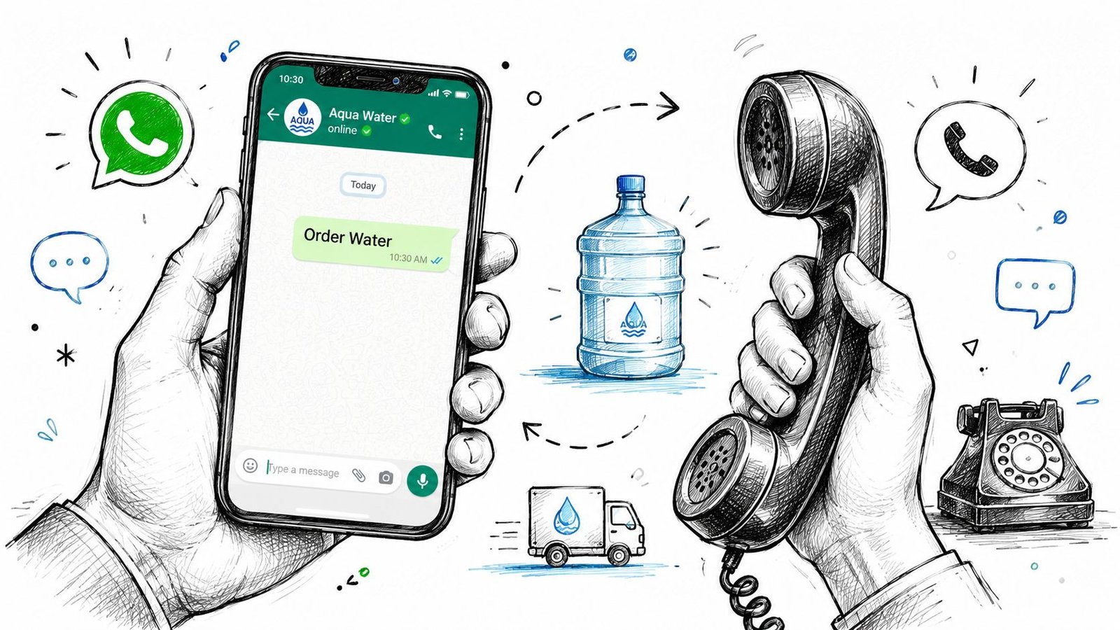 A hand-drawn illustration showing a smartphone ordering water via WhatsApp and a telephone handset symbolizing delivery services.