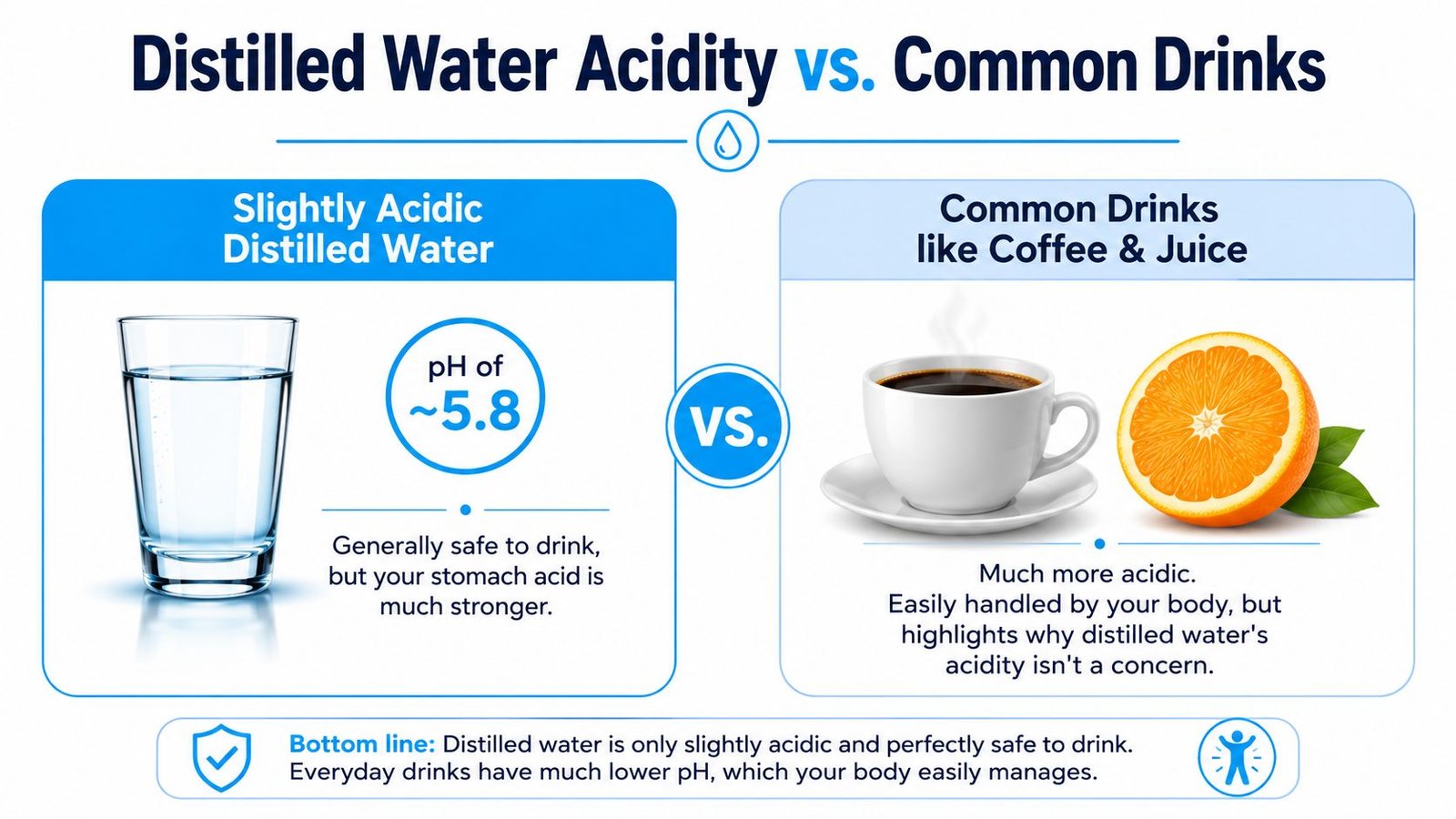 A comparative infographic showing that distilled water has a slightly acidic pH while common drinks are more acidic.