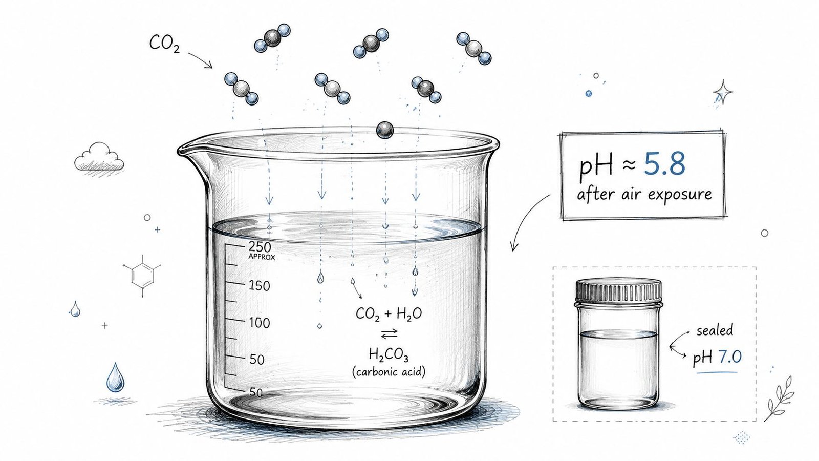 A diagram illustrating how carbon dioxide exposure lowers the pH level of distilled water.