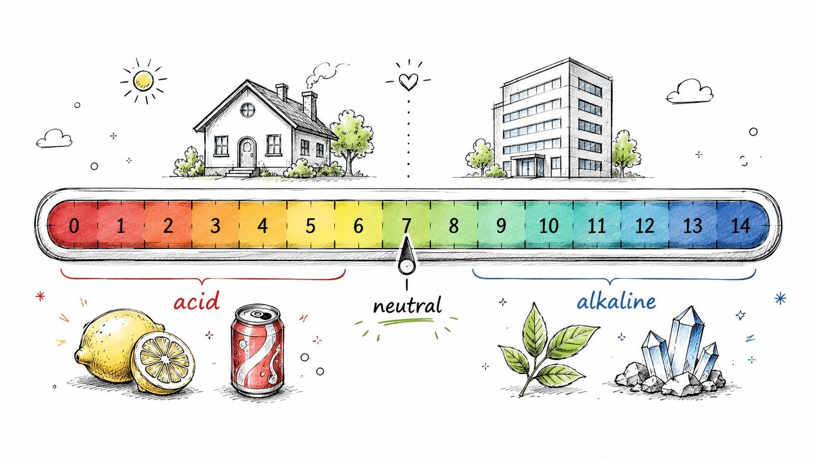 A colorful pH scale chart ranging from zero to fourteen, illustrating acid, neutral, and alkaline categories.