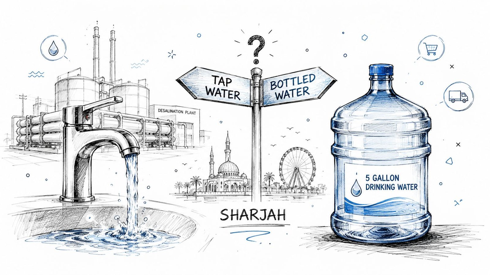 A hand-drawn illustration comparing tap water and bottled drinking water options in the city of Sharjah.