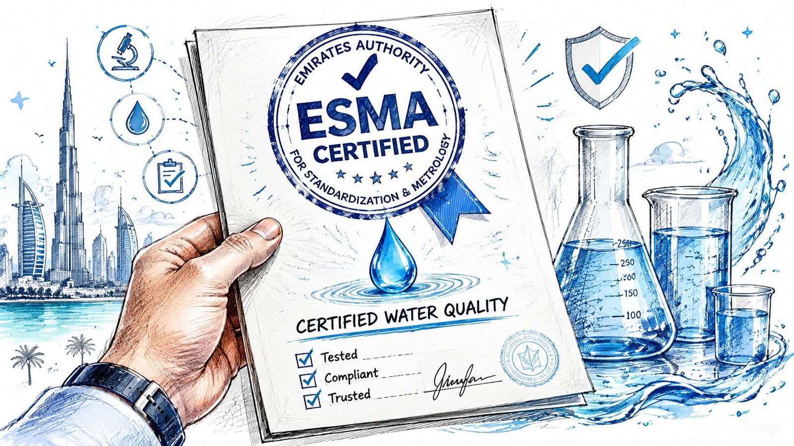 A hand holding a certificate showing ESMA water quality certification in Dubai with laboratory glassware in the background.