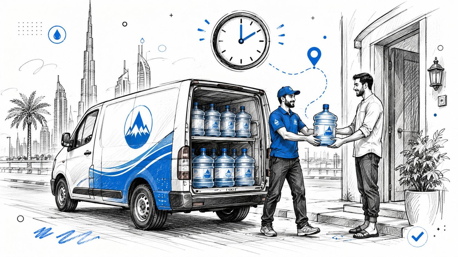 A professional delivery worker handing a large water bottle to a customer in front of a house.