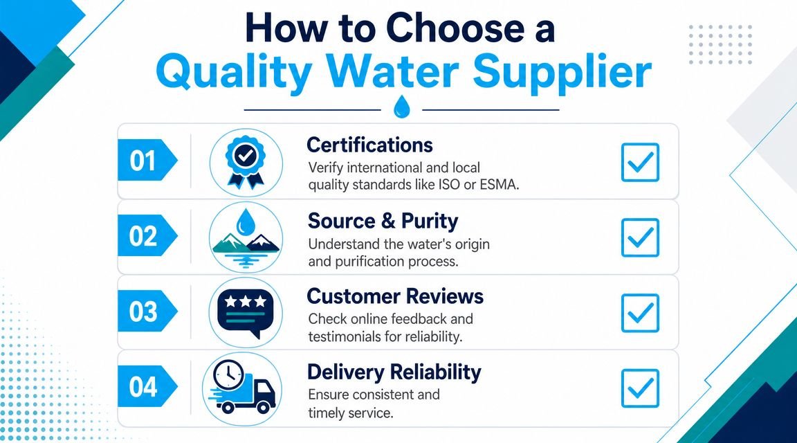 An infographic titled How to Choose a Quality Water Supplier listing four key factors for consideration.