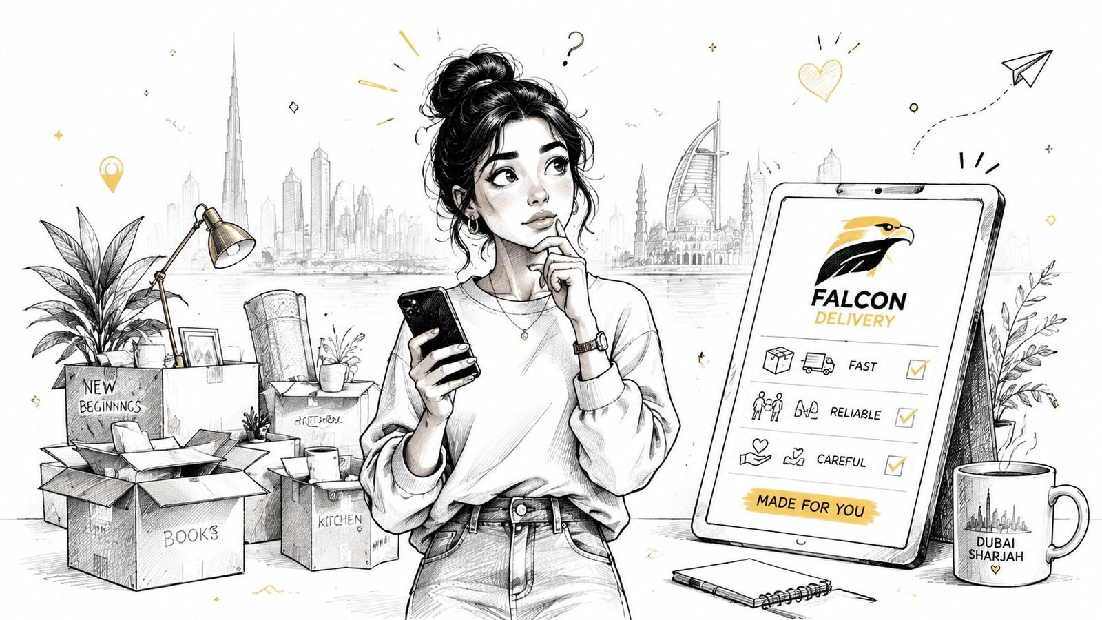 A woman thinking while holding her phone next to moving boxes and a tablet showing delivery services.