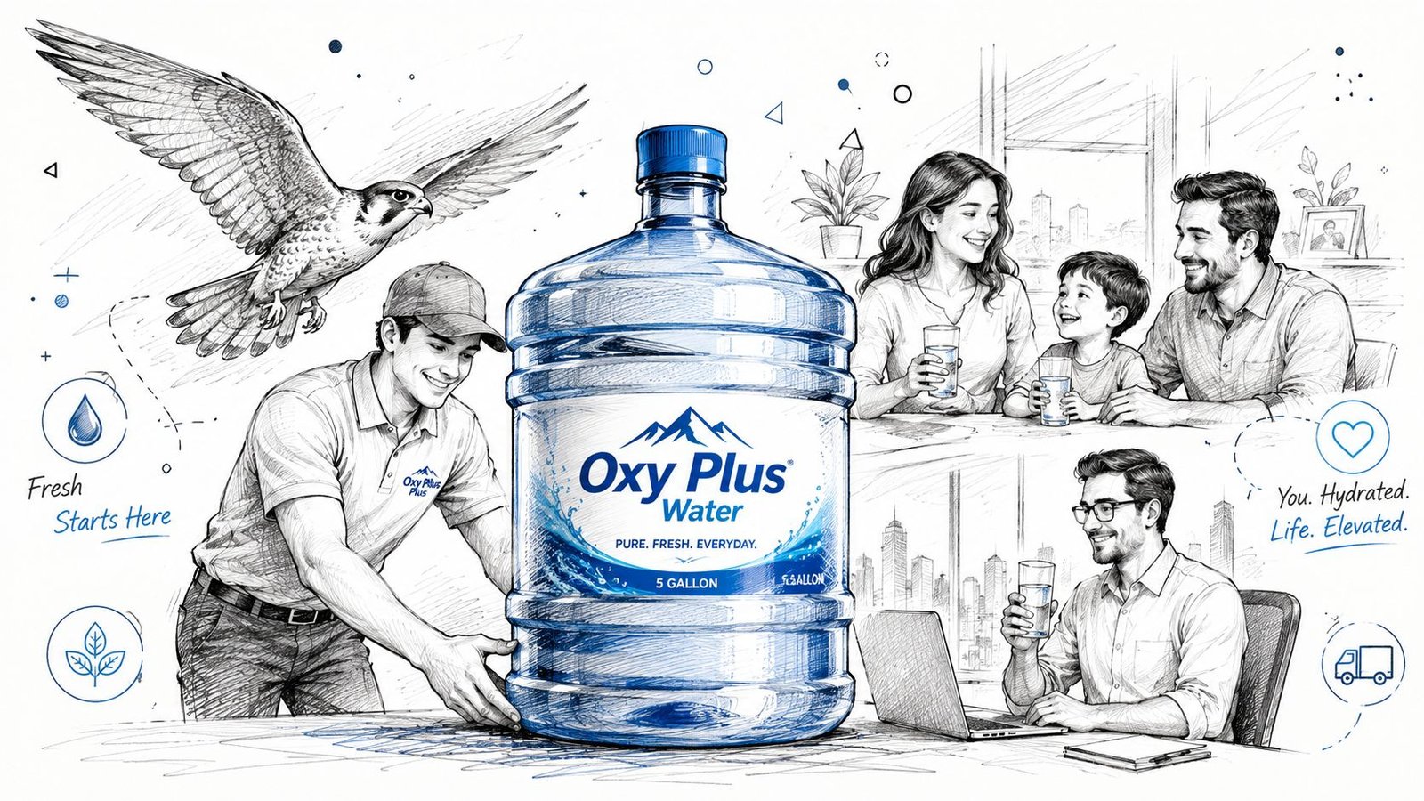 A pencil sketch style advertisement for Oxy Plus Water featuring a delivery person, family, and falcon mascot.