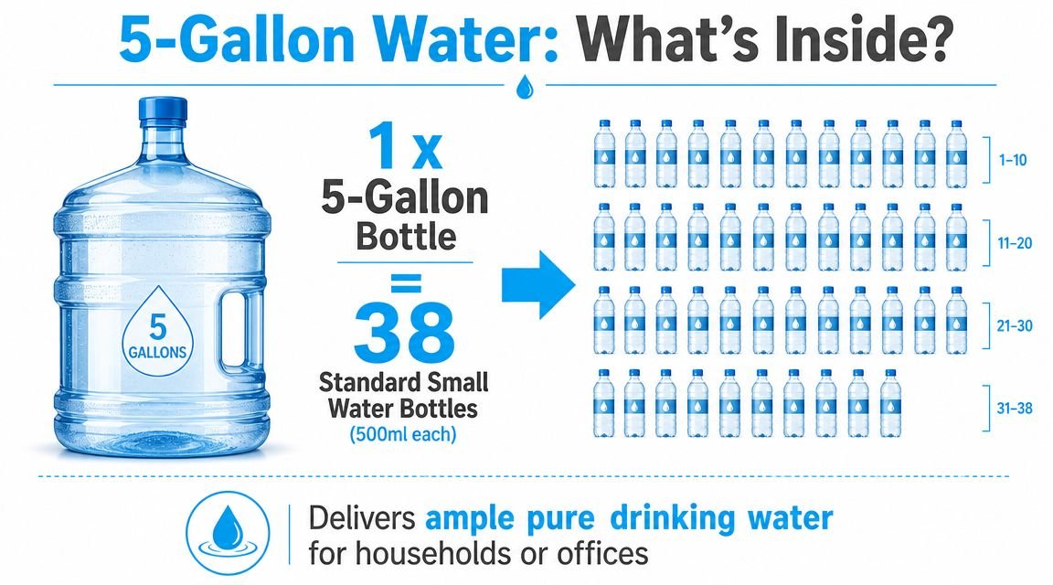 A graphic showing that one five-gallon water jug equals thirty-eight standard 500ml small water bottles.