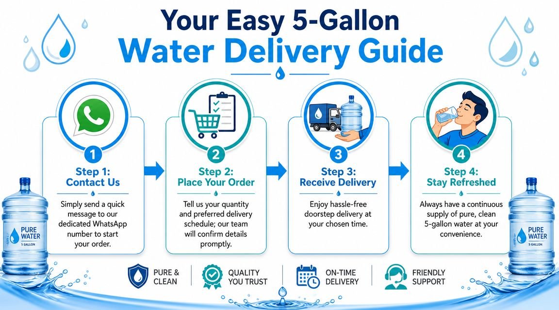 A four-step infographic explaining how to order 5-gallon bottled water delivery via WhatsApp for convenient service.
