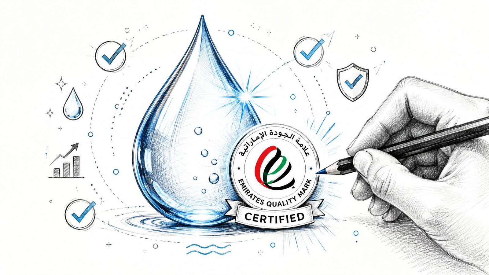 A hand drawing a certification seal next to a large water drop, symbolizing quality bottled water standards.