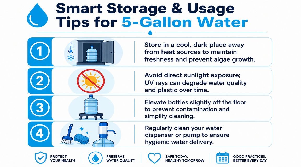 An infographic titled Smart Storage and Usage Tips for 5-Gallon Water, showing four essential steps for maintenance.