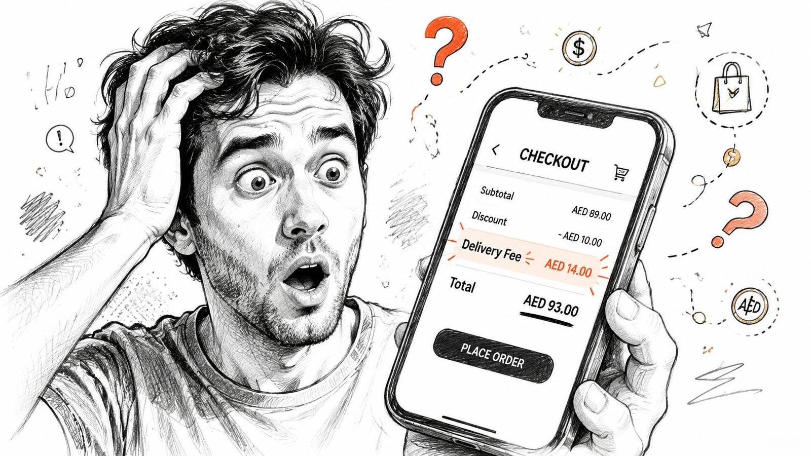 A surprised man holding a smartphone showing a checkout screen with a high delivery fee charge.