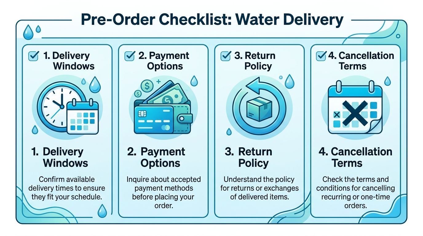 A pre-order checklist for water delivery featuring four steps: delivery windows, payment options, return policy, and cancellation terms.