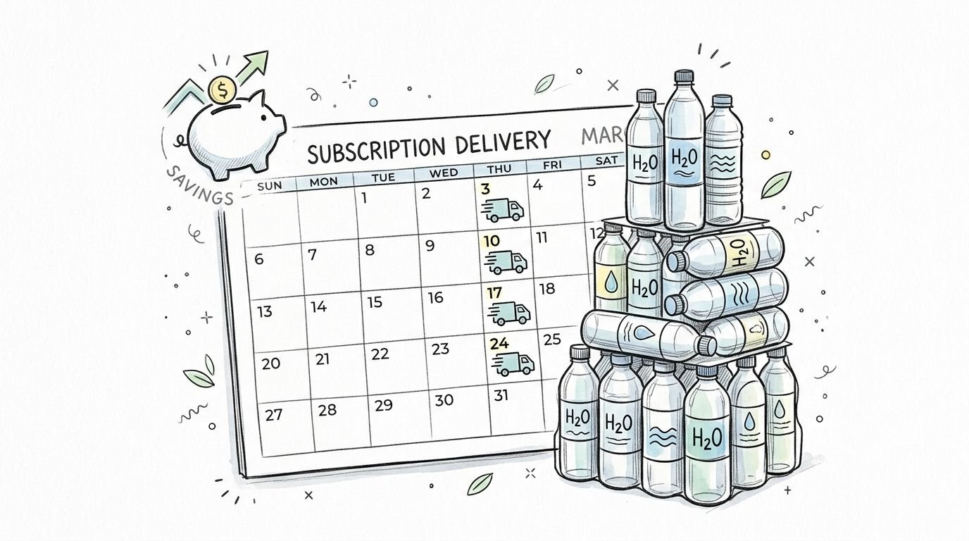 A monthly calendar highlighting scheduled water delivery days alongside a stack of bottled water.