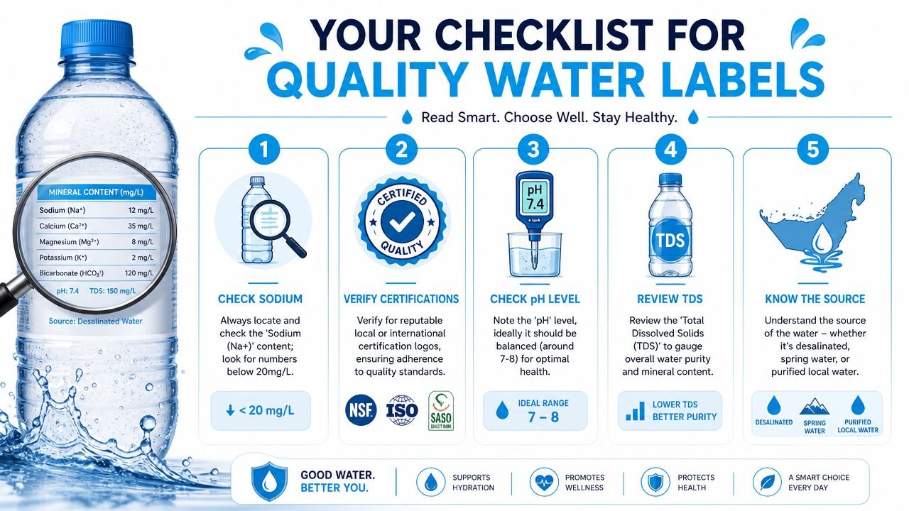 An infographic titled Your Checklist for Quality Water Labels illustrating how to choose healthy drinking water.