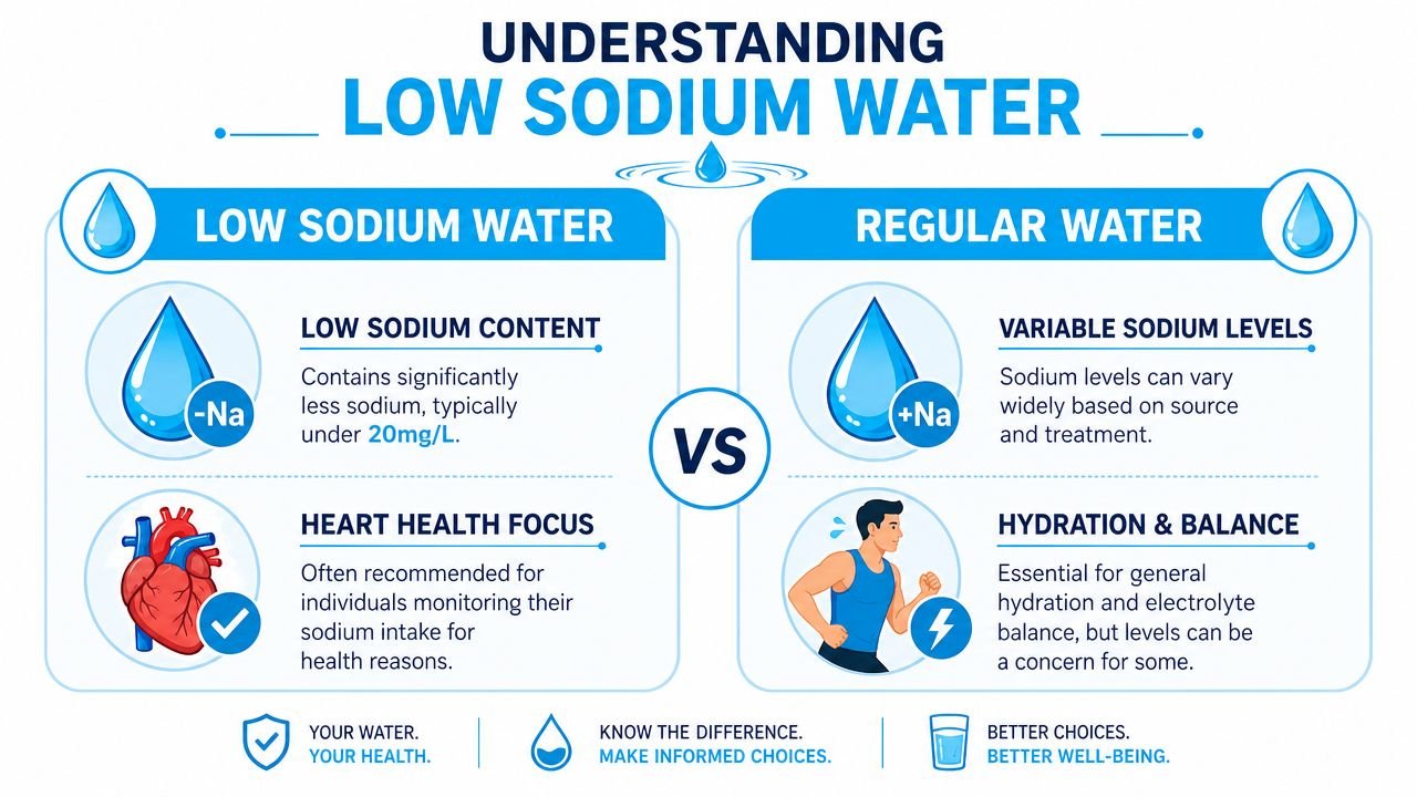 A comparative infographic explaining the differences between low sodium water and regular water for health awareness.
