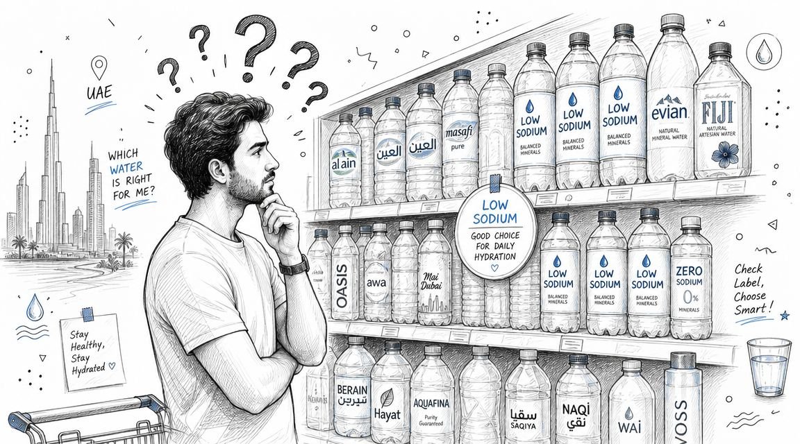 A man stands in a grocery store aisle in the UAE contemplating various bottled water brands.