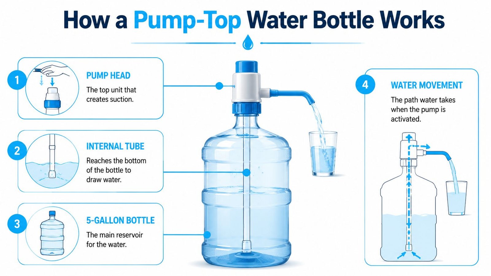 An infographic explaining how a pump-top water bottle dispenser mechanism works for a five-gallon jug.