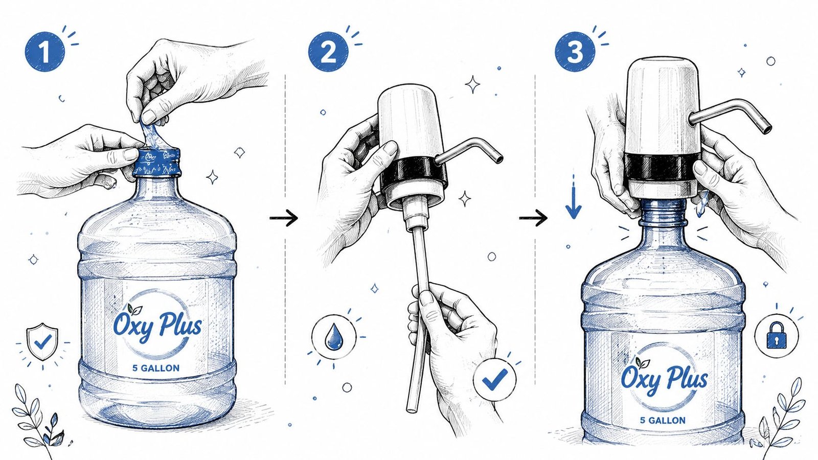 An illustration showing three steps for installing a water pump dispenser onto a five-gallon plastic bottle.