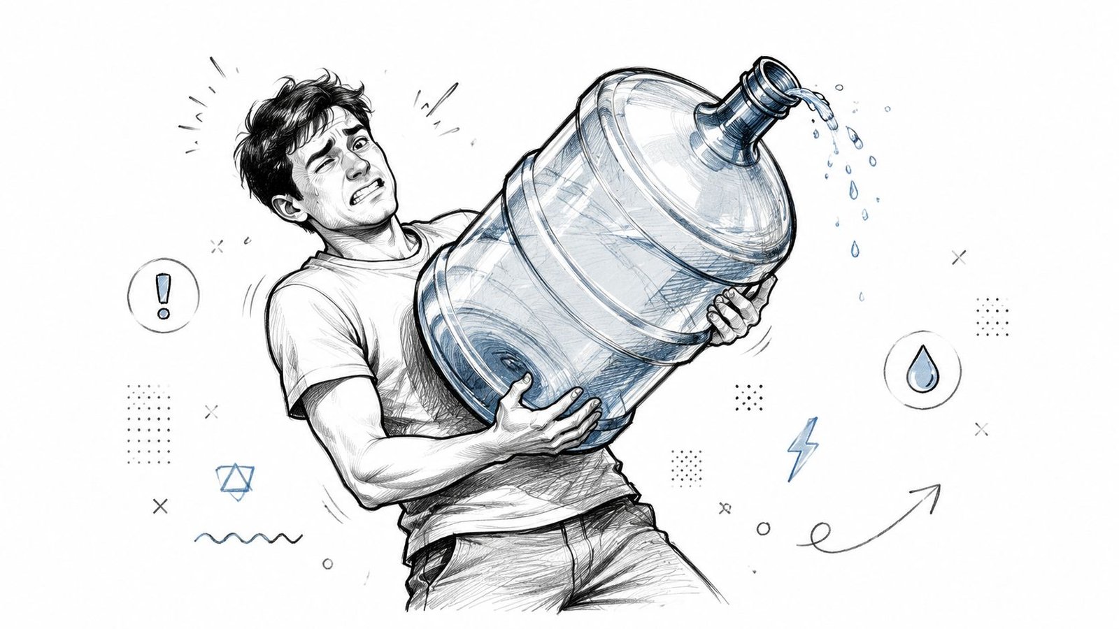 A distressed man struggling to hold and carry a large, heavy water cooler jug that is spilling water.