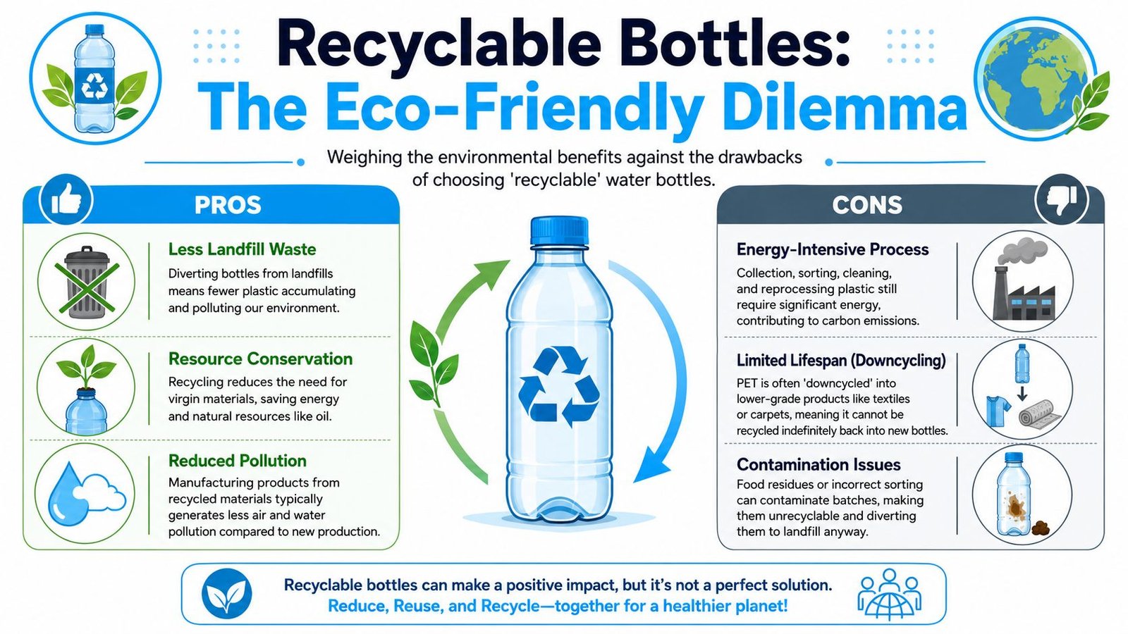 An infographic titled Recyclable Bottles detailing the environmental pros and cons of recycling plastic water bottles.