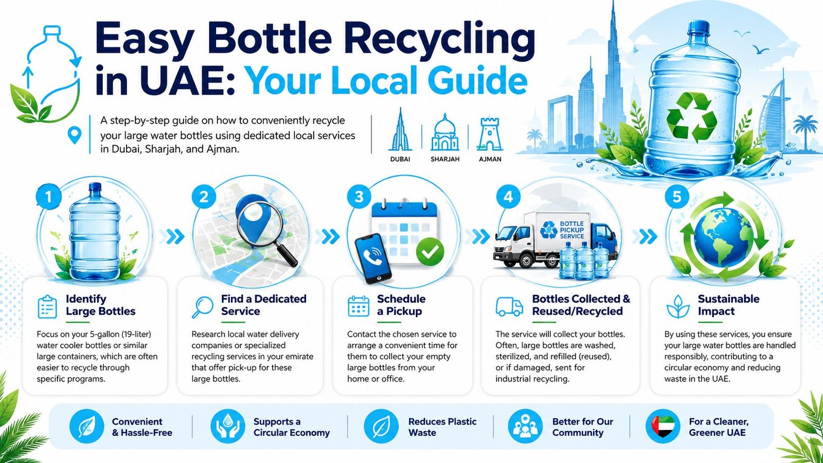 An infographic showing a five-step process for recycling large water bottles in the UAE.