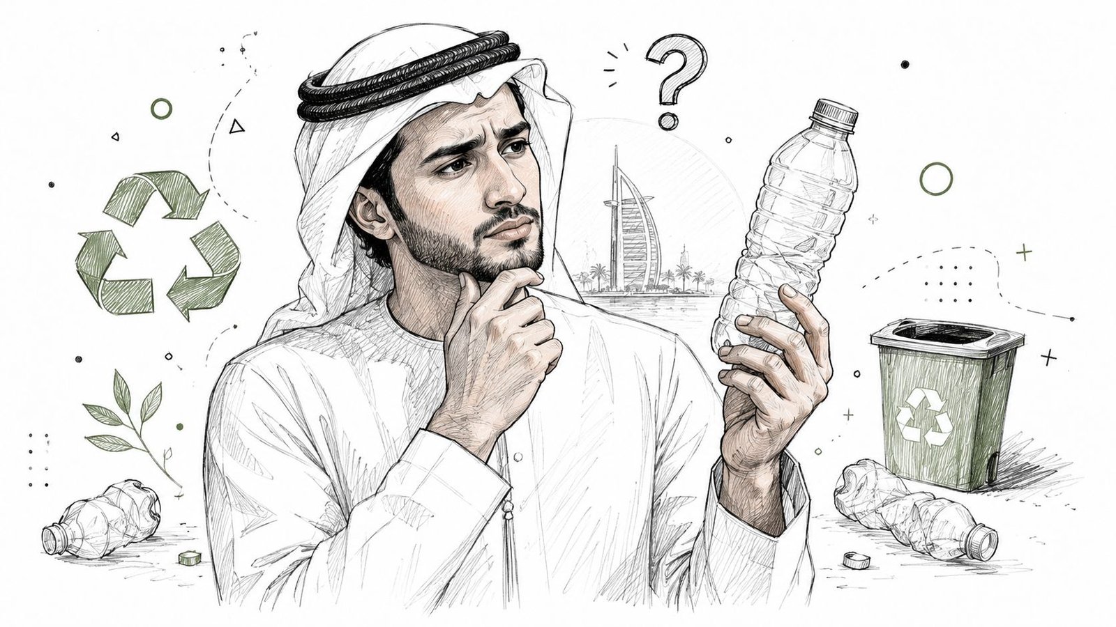 A man in traditional Emirati attire pondering over a plastic water bottle with a recycling symbol nearby.