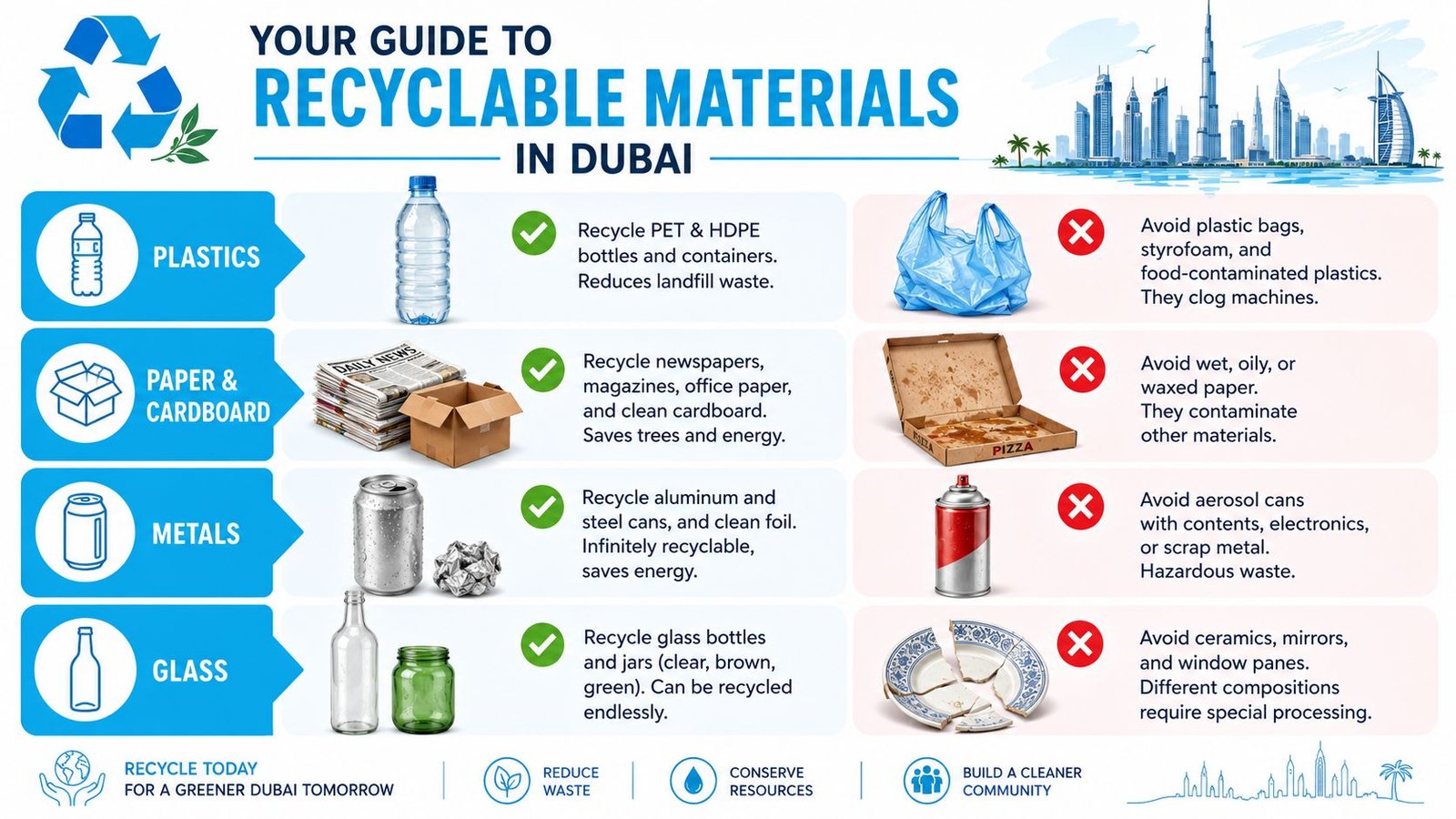 An infographic titled Your Guide to Recyclable Materials in Dubai showing what to recycle and what to avoid.