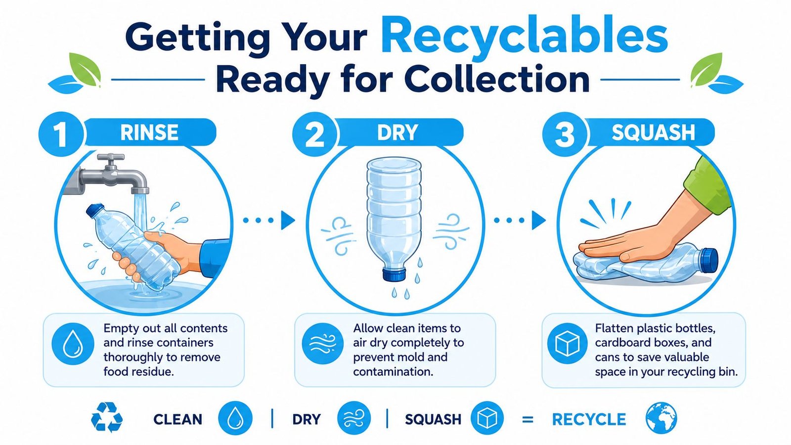 A guide on how to prepare recyclables by rinsing, drying, and squashing plastic bottles for collection.