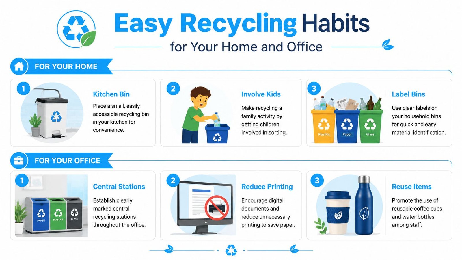 An infographic titled Easy Recycling Habits for Your Home and Office with simple, actionable steps for sustainability.