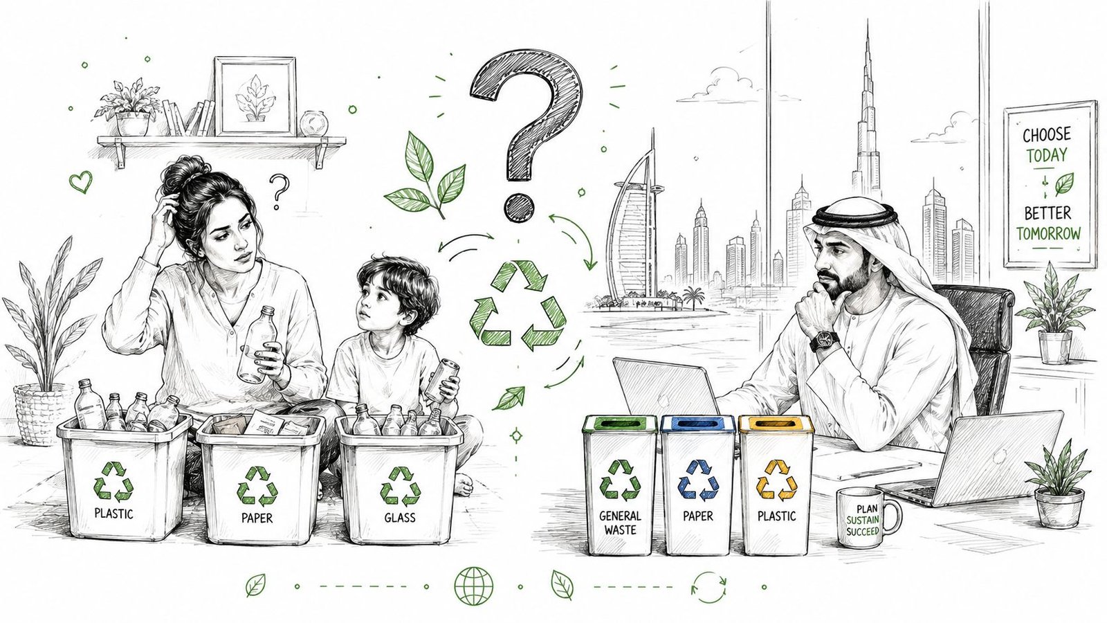 A family and a professional in Dubai contemplating recycling methods with sorted waste bins for sustainability.
