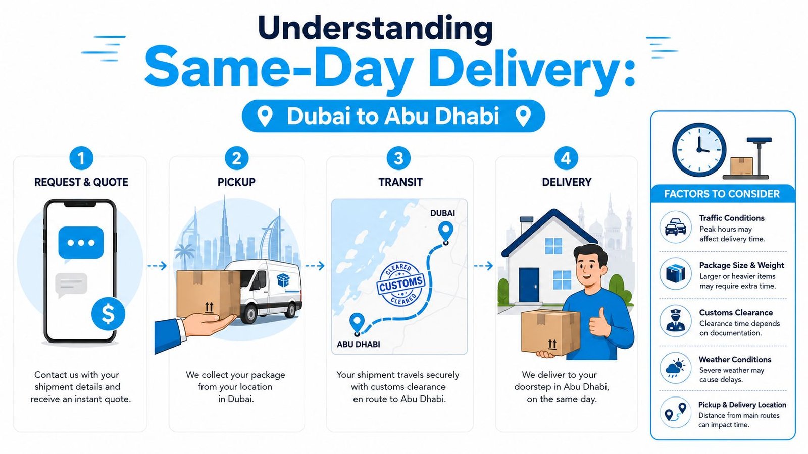 An infographic showing the four-step same-day delivery process from Dubai to Abu Dhabi with key factors.