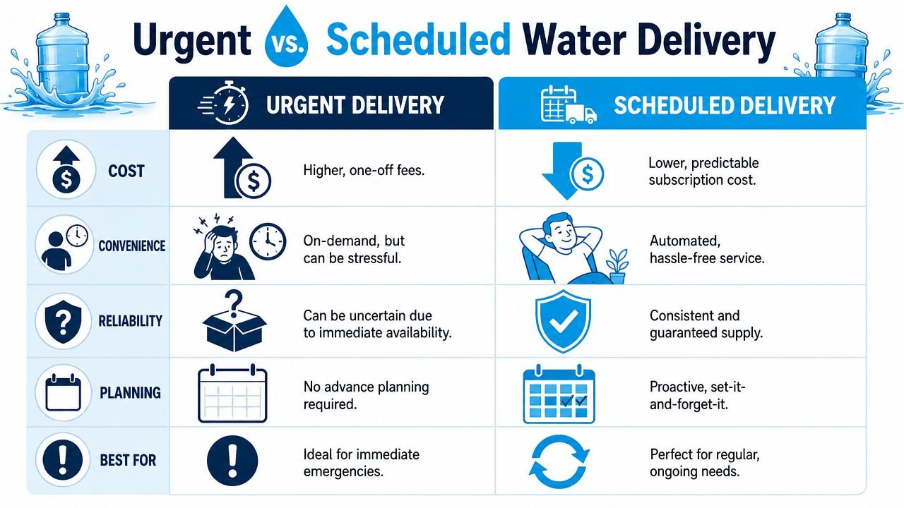 A comparison chart showing the differences between urgent and scheduled water delivery services.