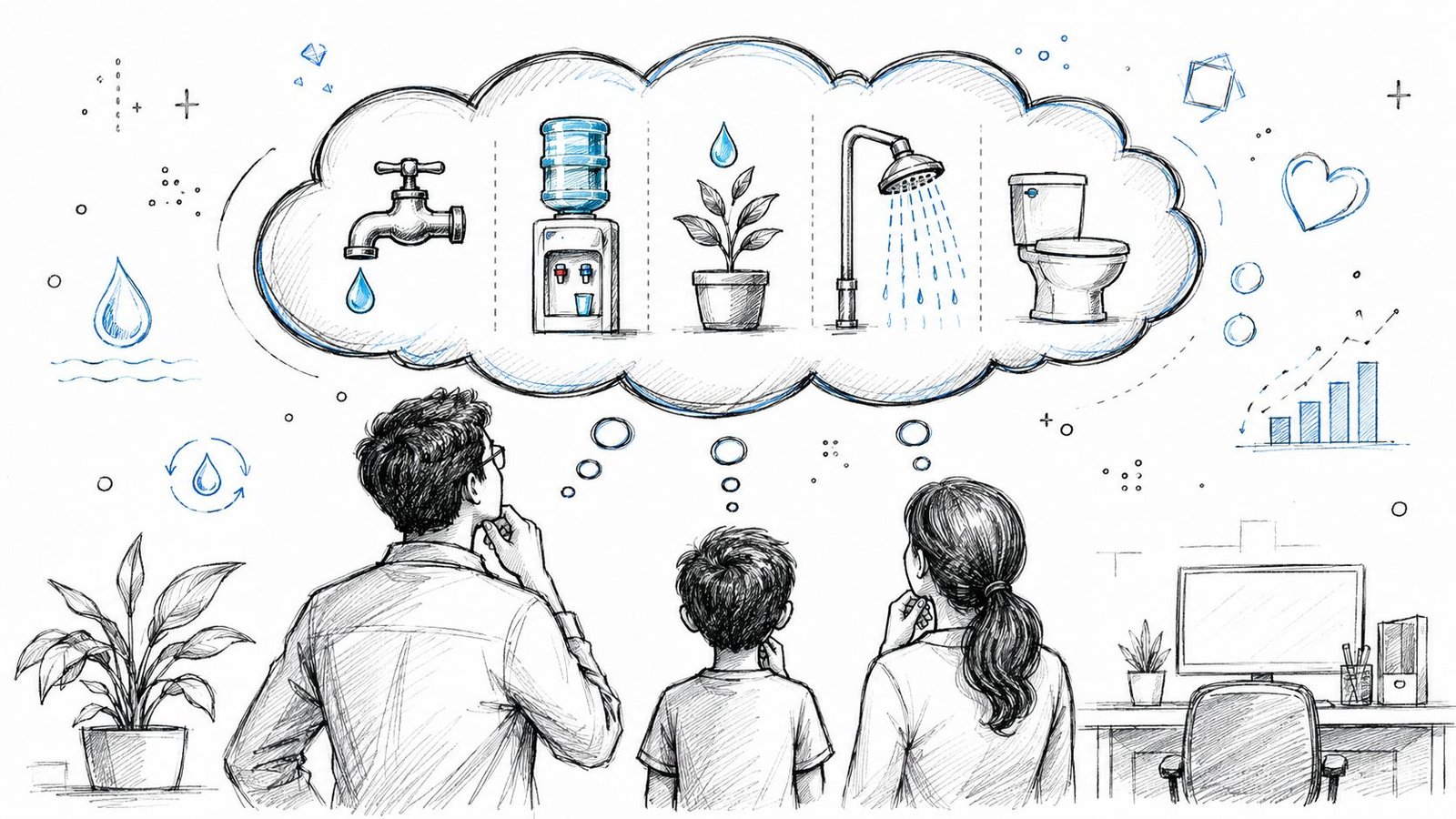 A family of three looks up at a thought bubble containing water-related household activities and consumption icons.