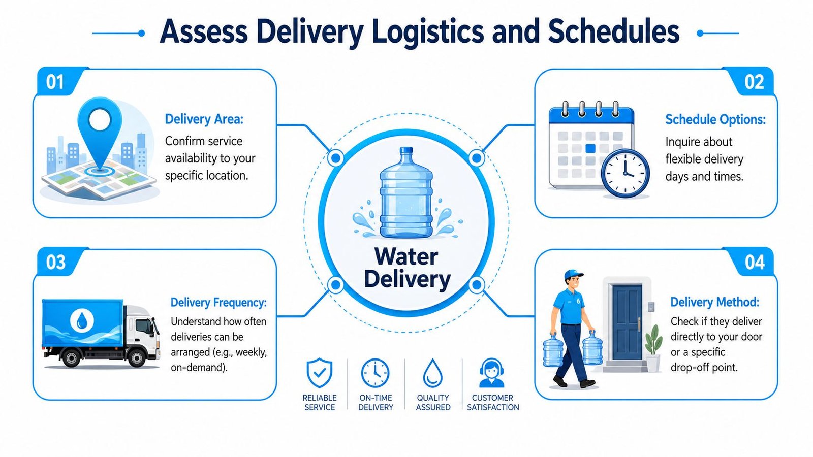 An infographic titled Assess Delivery Logistics and Schedules explaining key factors for choosing a water delivery service.