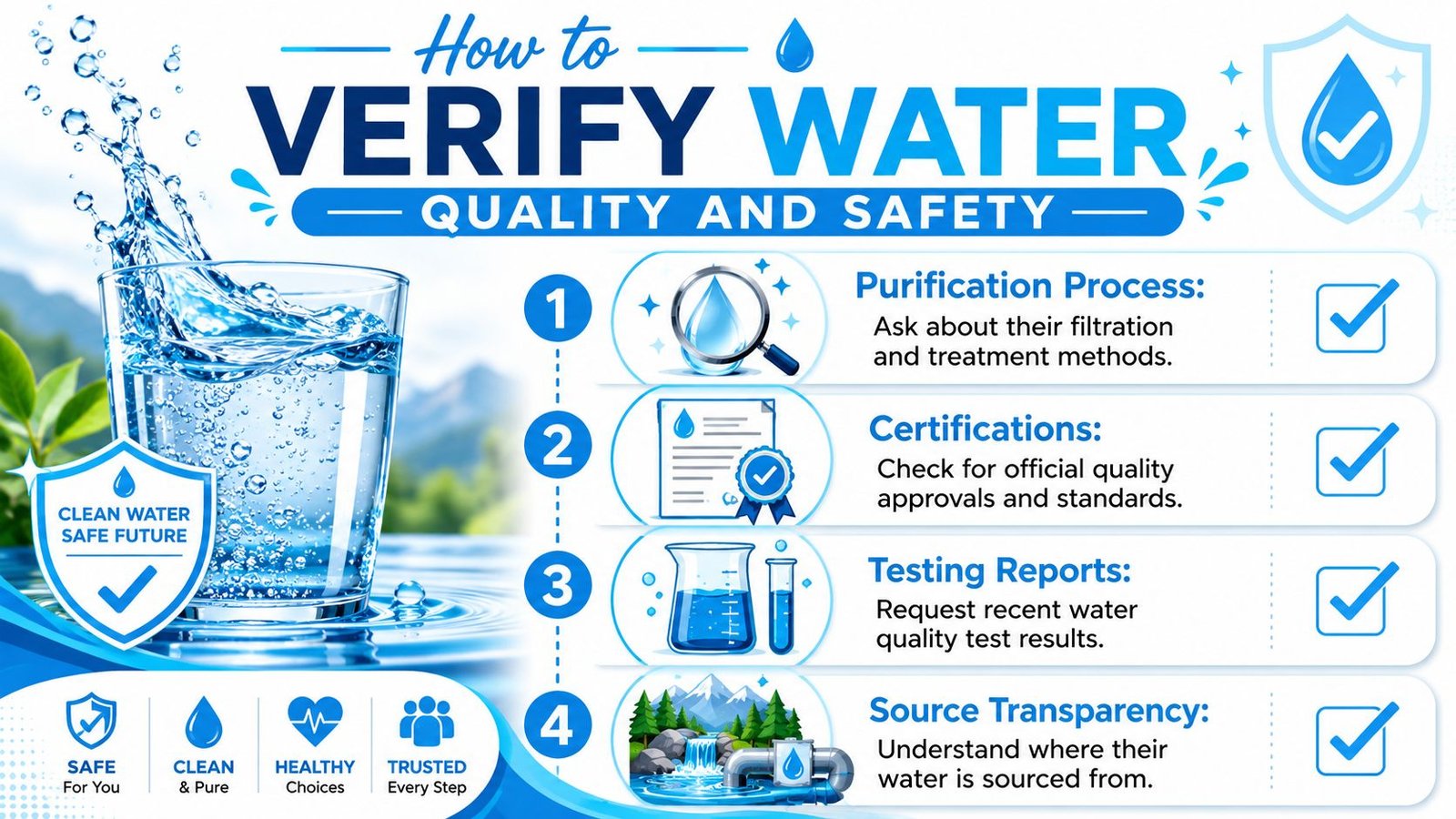 An infographic showing four steps to verify water quality and safety, including checking purification, certifications, testing, and sources.