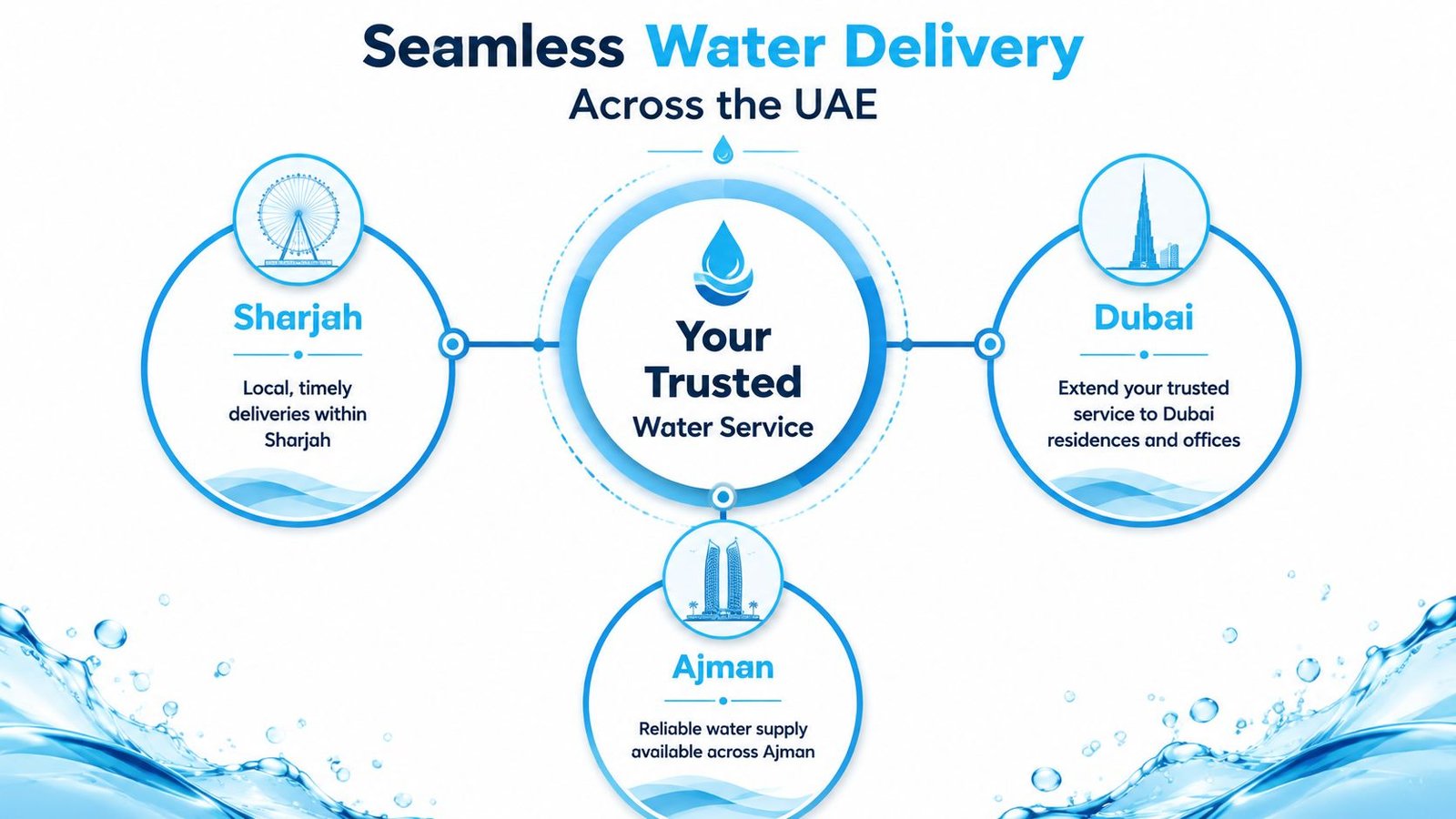 An infographic showing water delivery services offered by a company across Sharjah, Dubai, and Ajman, UAE.