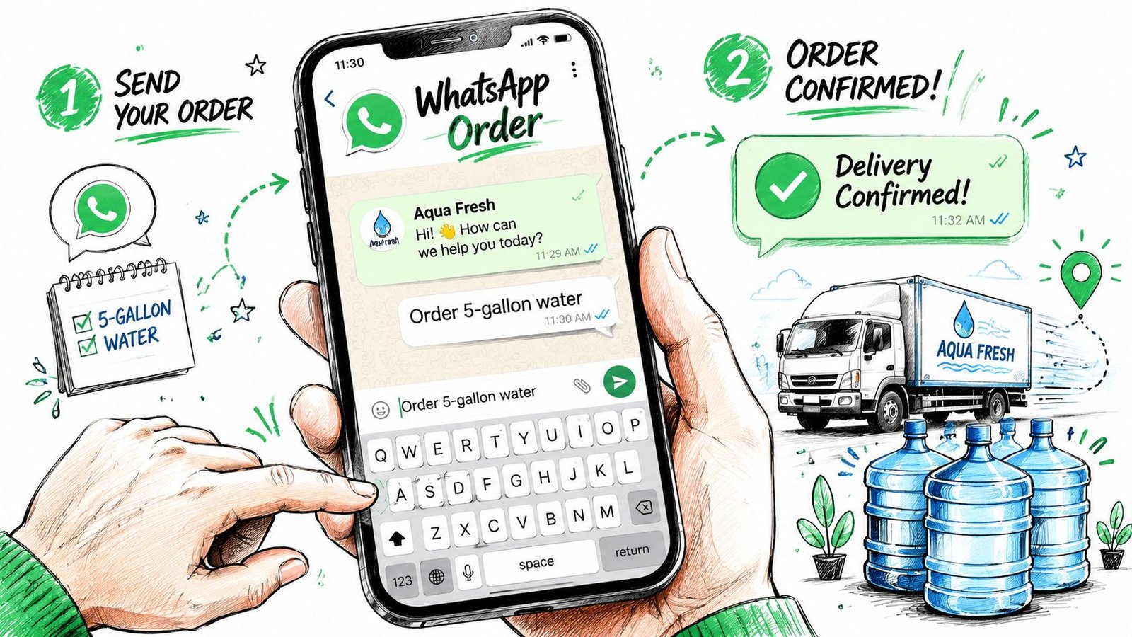 A hand holding a smartphone ordering 5-gallon water via WhatsApp from Aqua Fresh, showing delivery confirmation.