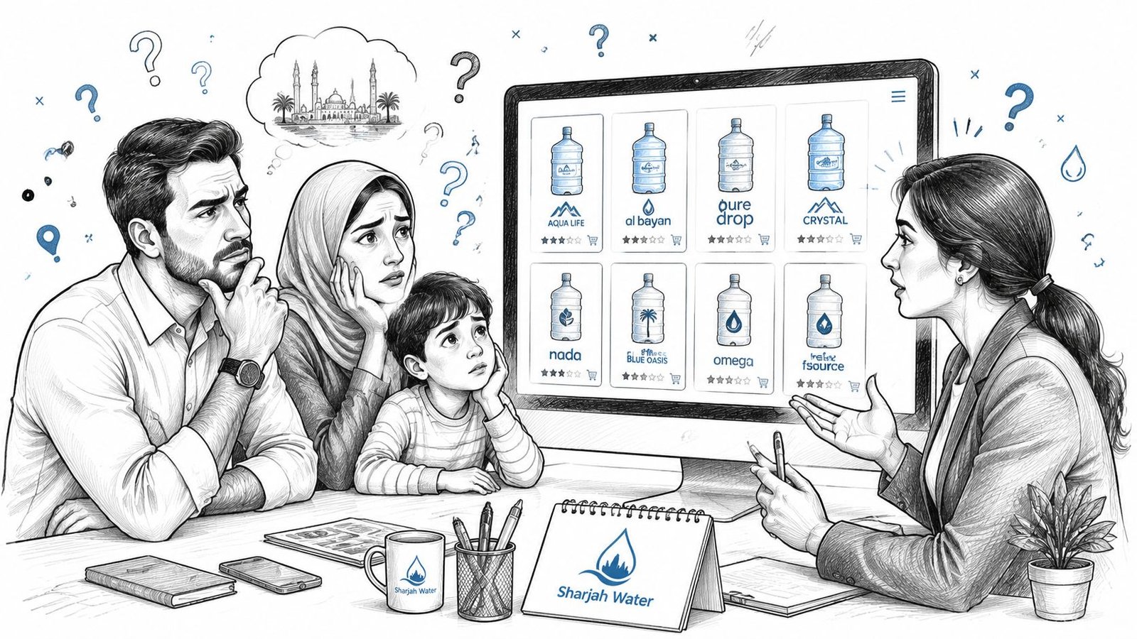 A family consulting with a water service representative while viewing different water delivery options on a screen.
