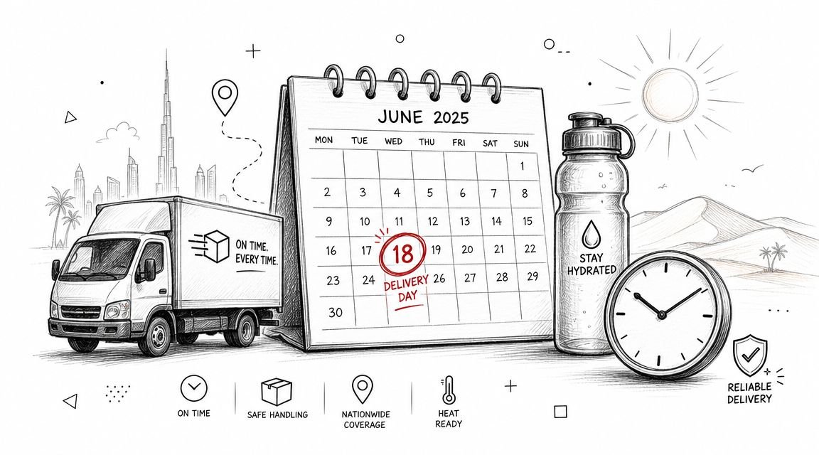 A hand-drawn illustration showing a delivery truck, a June 2025 calendar marked with a delivery date, and a water bottle.