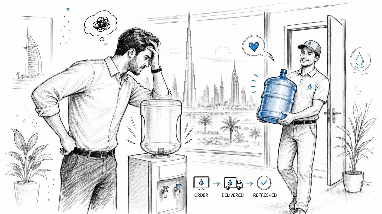 A delivery man brings a fresh water bottle to a stressed office worker in Dubai.
