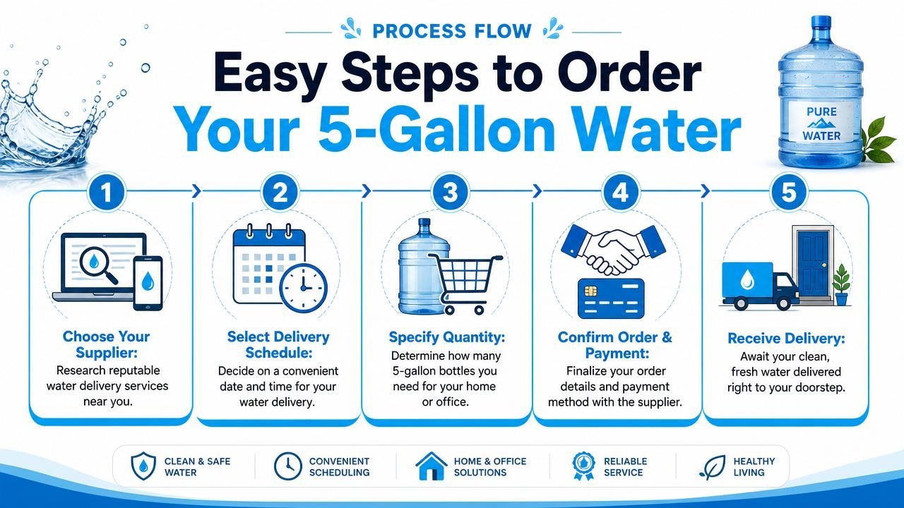 A five-step process graphic showing how to order 5-gallon water delivery services for home or office.