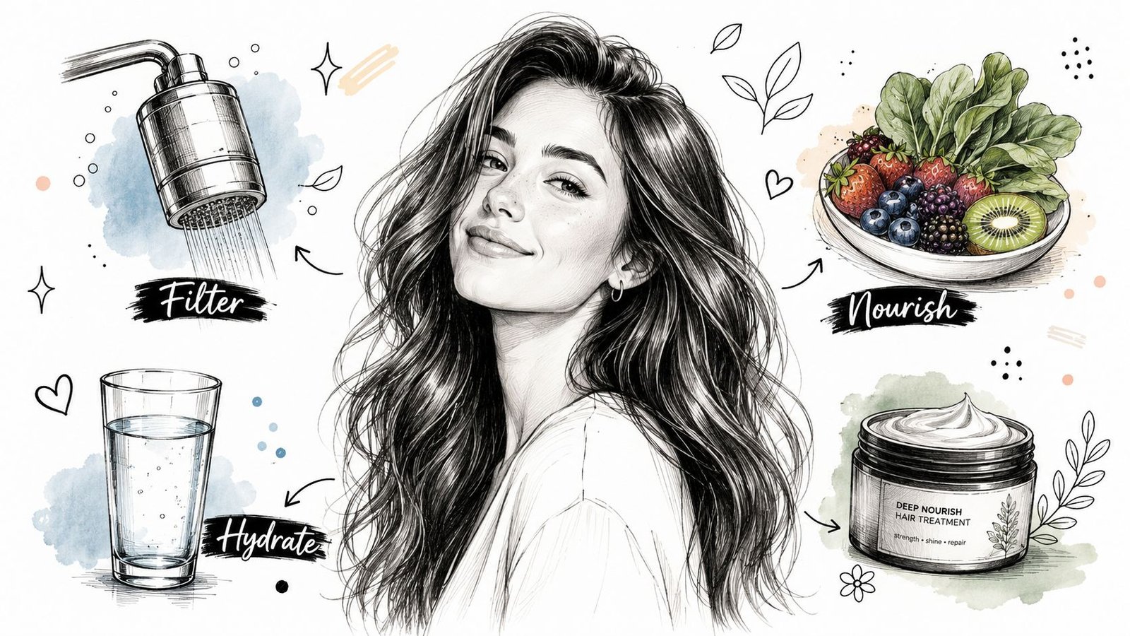 A creative illustration demonstrating hair care tips including water filtration, healthy eating, hydration, and hair treatment.